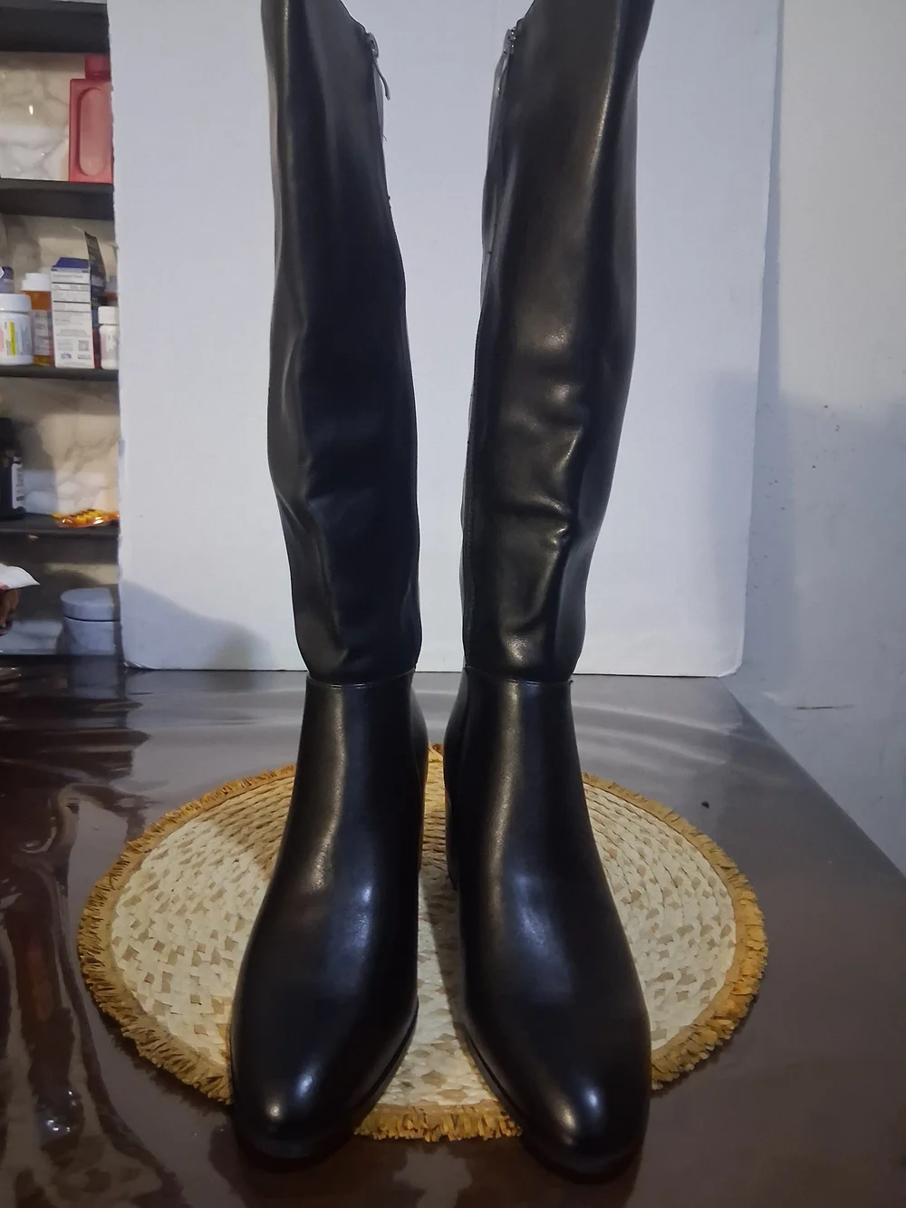Women's knee-high boots, block heel, round toe, side zipper